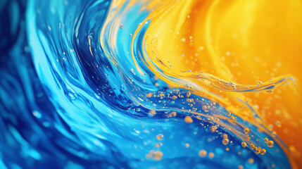 Fototapeta premium Bold blue and yellow liquids merge and swirl together, creating dynamic patterns filled with bubbles. The interplay of colors showcases fluid movement and texture, evoking a sense of energy
