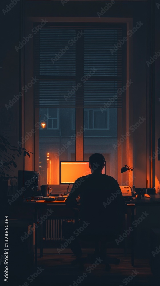 Poster a person sitting at a desk with a computer, focused on their work