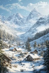 Snowy Mountain Village Winter Wonderland Scene Wooden Houses, Snow Covered Trees, Bright Sunlight