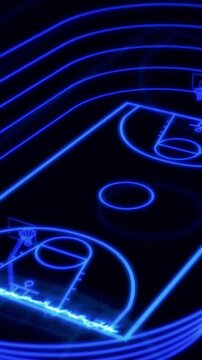 basket sport intro, opener animation, basket stadium with holographic and glow effects (3d render)