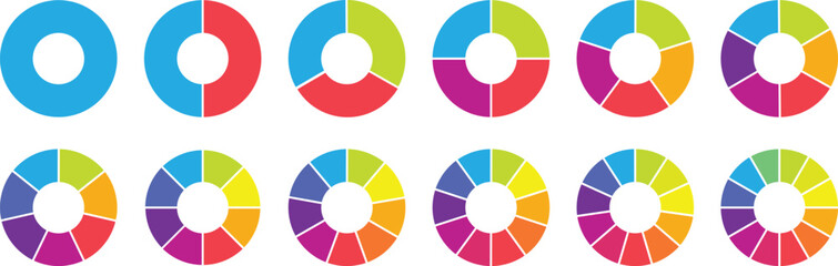 Obraz premium Pie chart color icons. Segment slice sign. Circle section graph. 1,2,3,4,5 segment infographic. Wheel round diagram part symbol. Vector illustration. Wheel division into fractions, sectors.