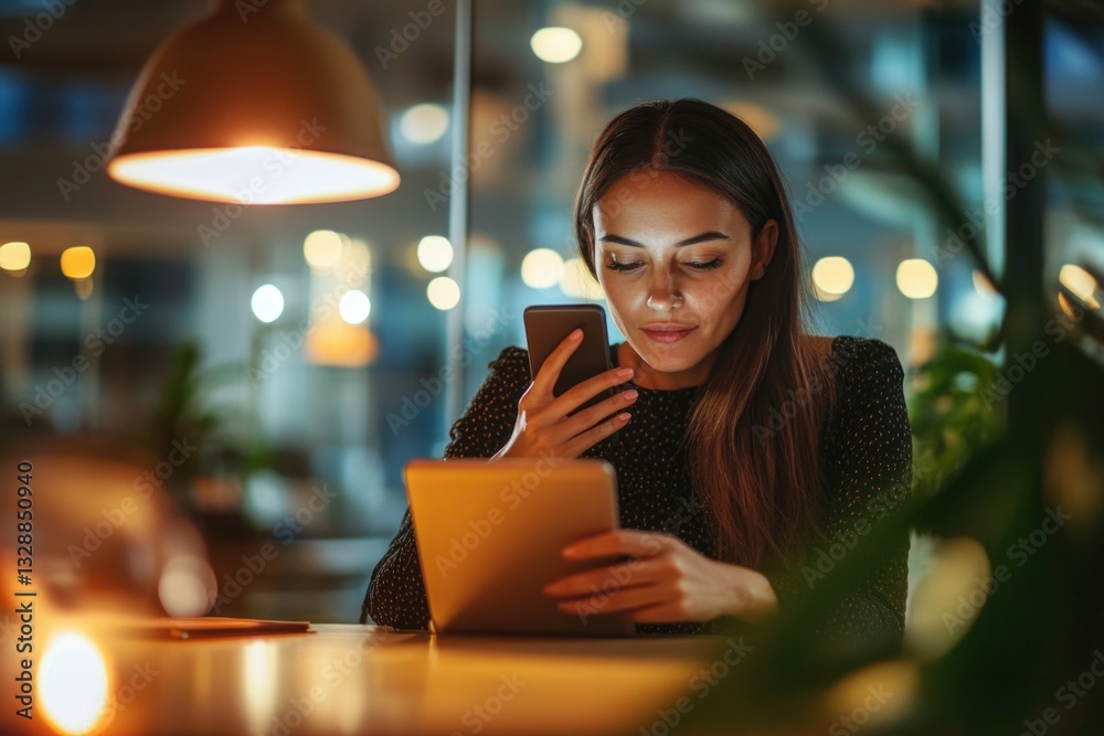 Poster a person typing on a tablet in a quiet setting