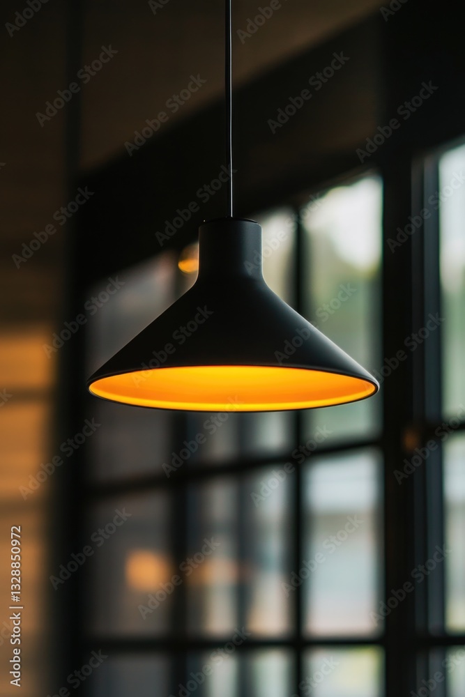 Poster a simple light fixture with a black and yellow design hanging from a ceiling