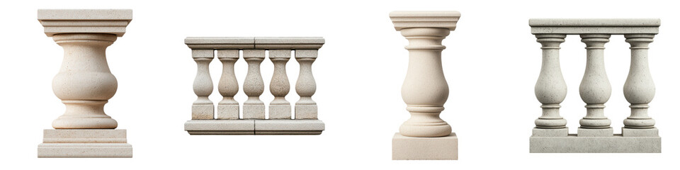 Collection of classic architectural columns and pedestals featuring intricate ornamental designs and details in a refined structured style