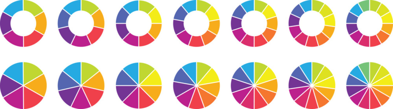 Pie chart color icons. Circle section graph. 1,2,3,4,5 segment infographic. Wheel round diagram part symbol. Segment slice sign. Wheel division into fractions, sectors. Vector illustration.