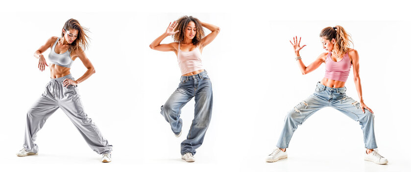 groupe de 3 femmes qui dansent le hip hop sur fond blanc