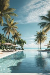 Fototapeta premium Tranquil Turquoise Pool and Lush Palm Trees Under a Sunny Sky
