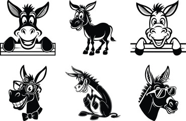 Obraz premium Donkey black silhouette clipart SVG bundle design isolated on a white background, Donkey vector illustration, Donkey vector icon set