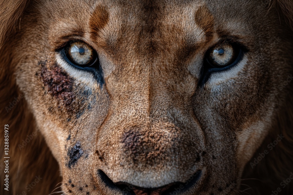 Poster close-up of a majestic lion displaying intense gaze and intricate fur details in natural habitat dur