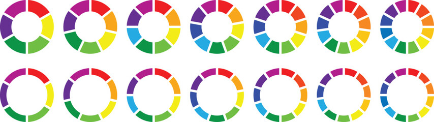 Obraz premium Pie chart set. Colorful diagram collection with 2,3,4,5,6,7,8,9,10,11,12 sections or steps. Circle icons for Infographic wheel segment and fraction. Circle section graph. Vector illustration