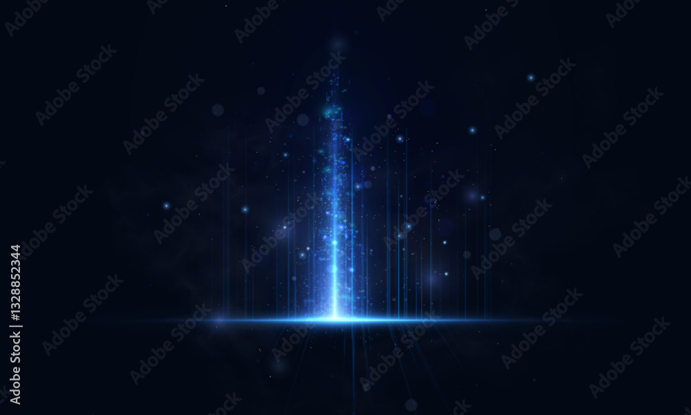 Poster technological light effect. vertical blue lines with glowing light effect and bright shine of small 