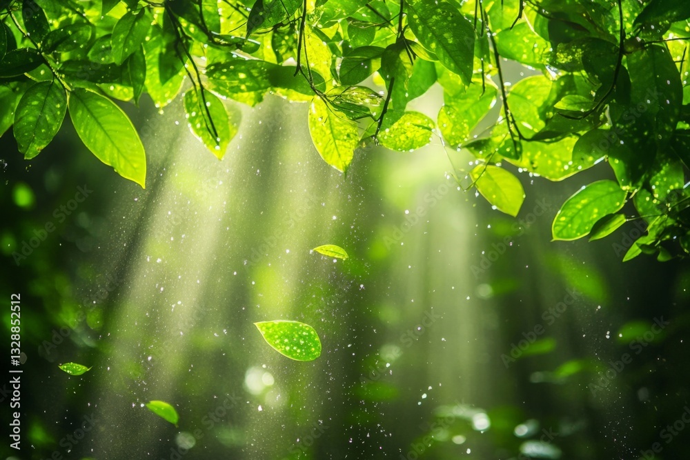 Poster sunlight filters through vibrant green leaves creating a serene atmosphere in a lush forest