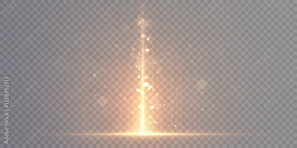 Fototapete Technological light effect. Vertical golden lines with glowing light effect and bright shine of small particles on transparent background.