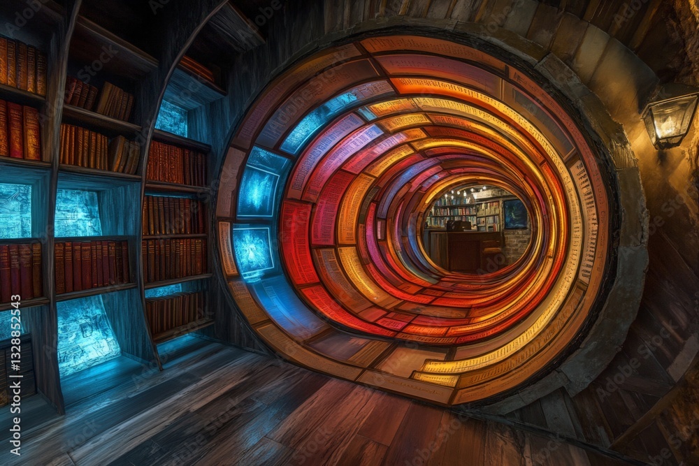 Poster Colorful circular passageway with illuminated bookshelves inside a cozy library setting in the evening