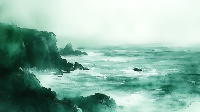 Misty green ocean coast.