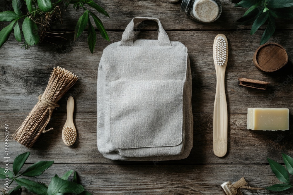 Poster a simple wooden table with a bag and a toothbrush on top