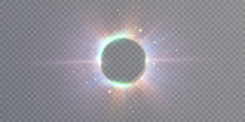 Purple light flare, glowing border of light eclipse, lens flare effect, bright shimmering glare. Vector illustration.