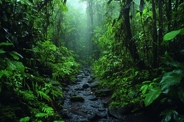 Fototapeta premium Lush rainforest path illuminated by gentle sunlight filtering through dense greenery during a misty afternoon