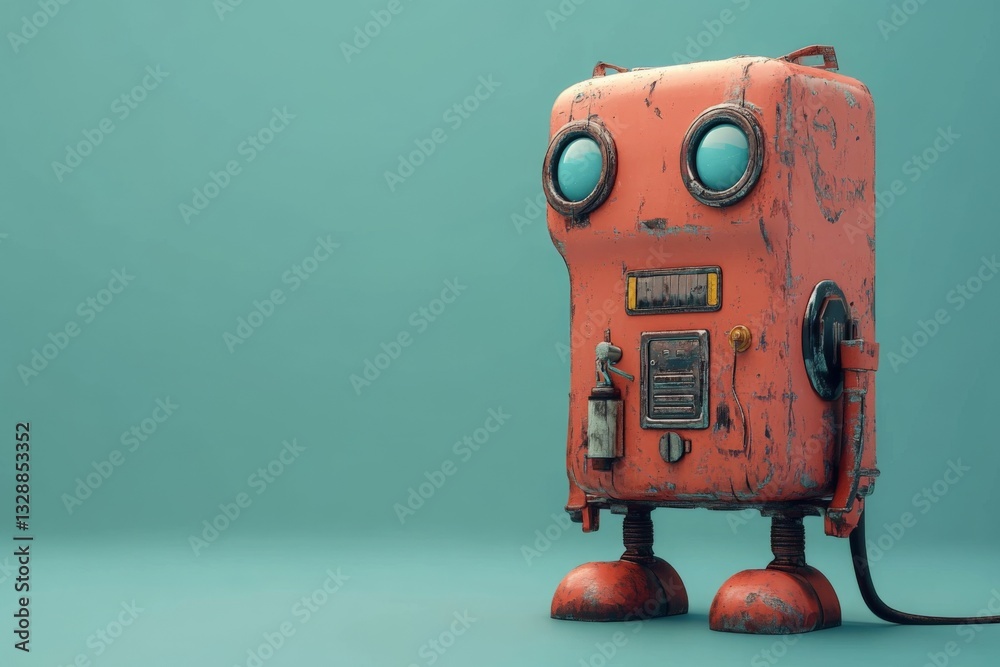 Poster Unique rusty robot character with large eyes and quirky features poses against a teal background