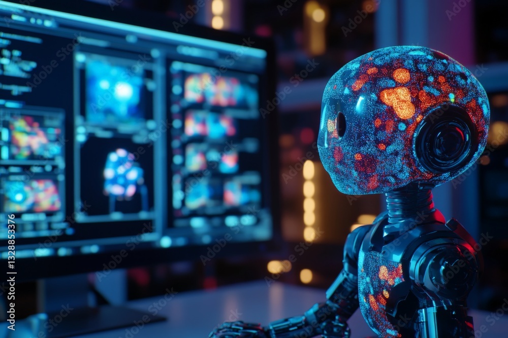 Aufkleber Robot interacts with digital display showcasing advanced technology and colorful graphics at a high-tech workspace