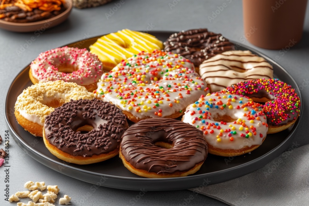 Poster assorted donuts on a black plate with colorful toppings during a casual gathering