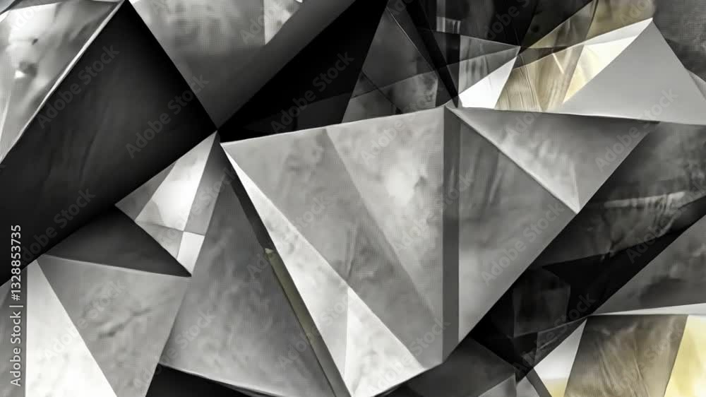 Poster abstract geometric composition with overlapping metallic and glass triangular shapes creating dynami