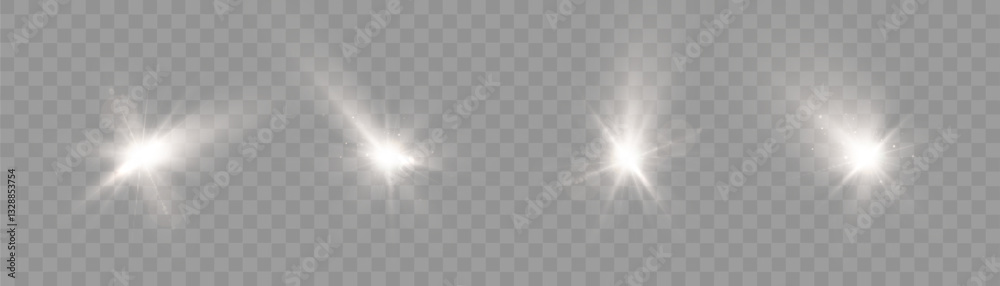 Fototapete Flashes of white light on transparent background. Vector glow effect of flickering glare. Abstract ignition of lens flare.