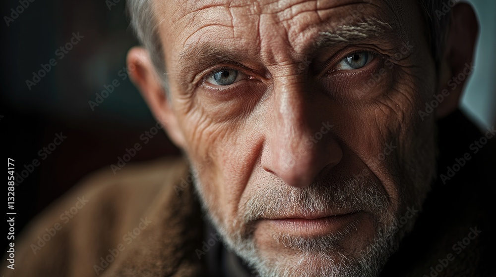 Poster a close-up shot of a man wearing a jacket, ideal for use in portraits or scenes where attention is f