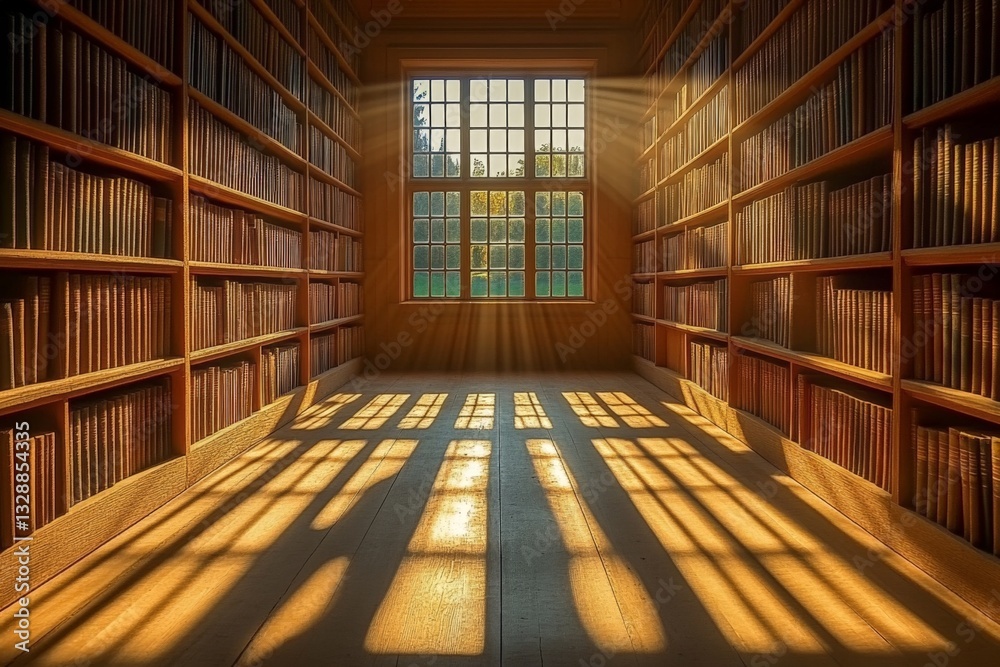 Poster Sunlight filters through windows in a quiet library showcasing rows of books and soft shadows on the wooden floor