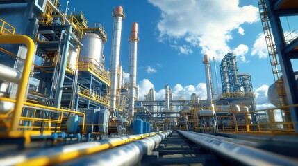 Refinery pipes, industrial complex, sunny day, process, energy production