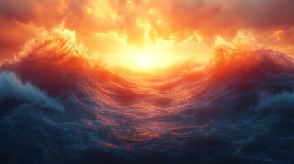 Fototapeta premium dramatic capture of ocean waves crashing during sunset with the sun peering through