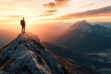 lone hiker with backpack standing on rocky cliff overlooking vast valley at sunset. exploration and adventure concept. travel, inspirational poster.