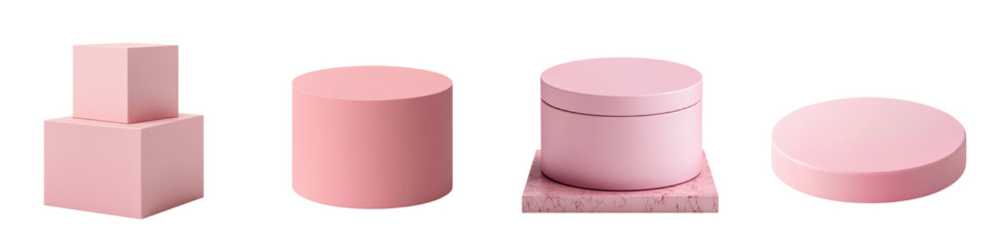 Assortment of pink geometric shapes including cubes cylinders and boxes arranged on a minimalist display platform