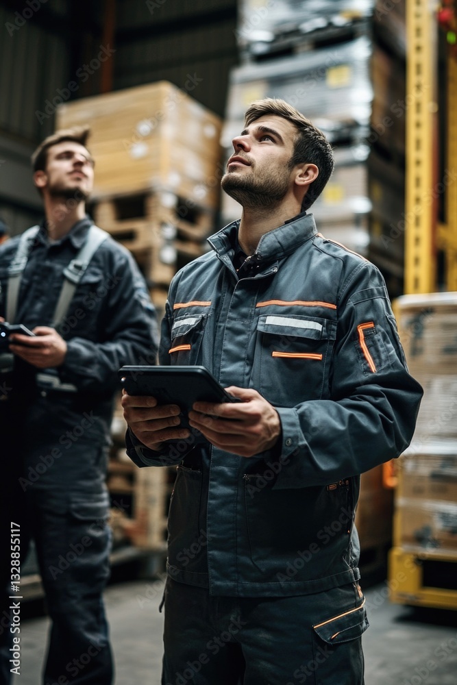 Poster two men examining information on a digital device in a storage facility