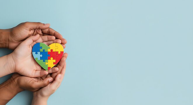 World Down Syndrome Day. Hands holding colorful heart-shaped puzzle piece symbolizing diversity and unity. - Powered by Adobe