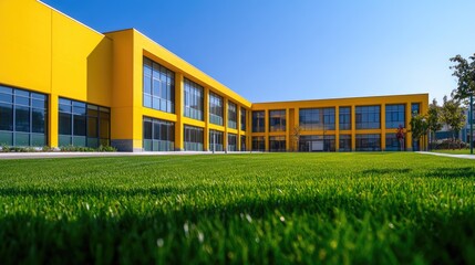 A simple yellow building surrounded by lush green grass