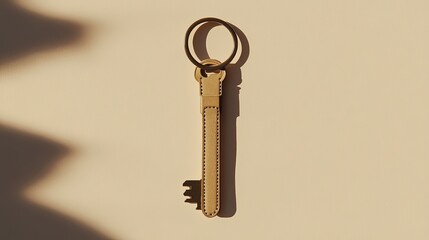 A single house key resting beside a minimalist keychain. digital