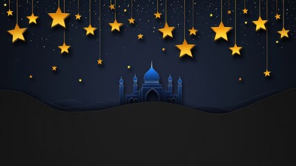 Fototapeta premium Golden Stars Hanging Above a Mosque Silhouette Against a Dark Background