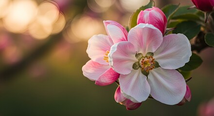 Obraz premium A macro shot of delicate pink apple blossoms in full bloom, bathed in golden spring sunlight