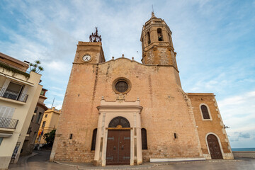 Close-up of the historic church facade in Sitges, Spain