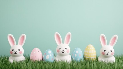 Cute white easter bunny hiding in grass with colorful easter eggs on a light blue background
