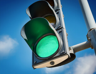 Contrapicado de un semaforo de trafico de ciudad con luz verde señalando regulando el paso, con...