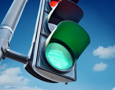 Contrapicado de un semaforo de trafico de ciudad con luz verde regulando el paso para seguridad vial con fondo de un cielo azul y nubes