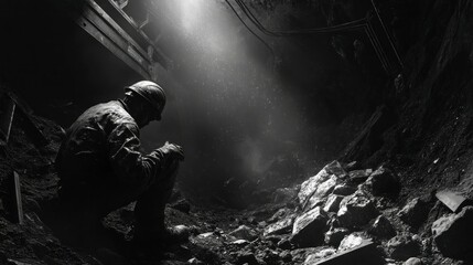 Mining accident miner trapped under fallen debris underground tunnel black and white photography industrial environment side view safety concerns