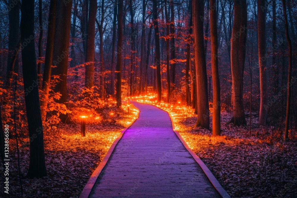 Aufkleber pathway illuminated by warm lights through a mystical forest during twilight hours