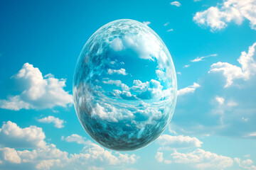 a floating giant Easter egg with a blue sky and clouds, surreal and thought-provoking composition

