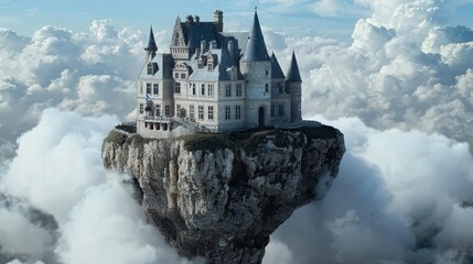 Naklejka premium Majestic Castle on a Cloudy Floating Rock in a Dreamy Sky