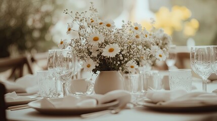 A clean dining table setup with neutral plates, linen napkins, and a small floral centerpiece. picture