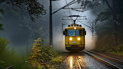A person stands under a tree as a yellow train approaches through the fog in a lush, green forest at night