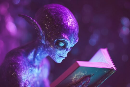 Extraterrestrial figure reads ancient book illuminated by neon lights in a mystical setting